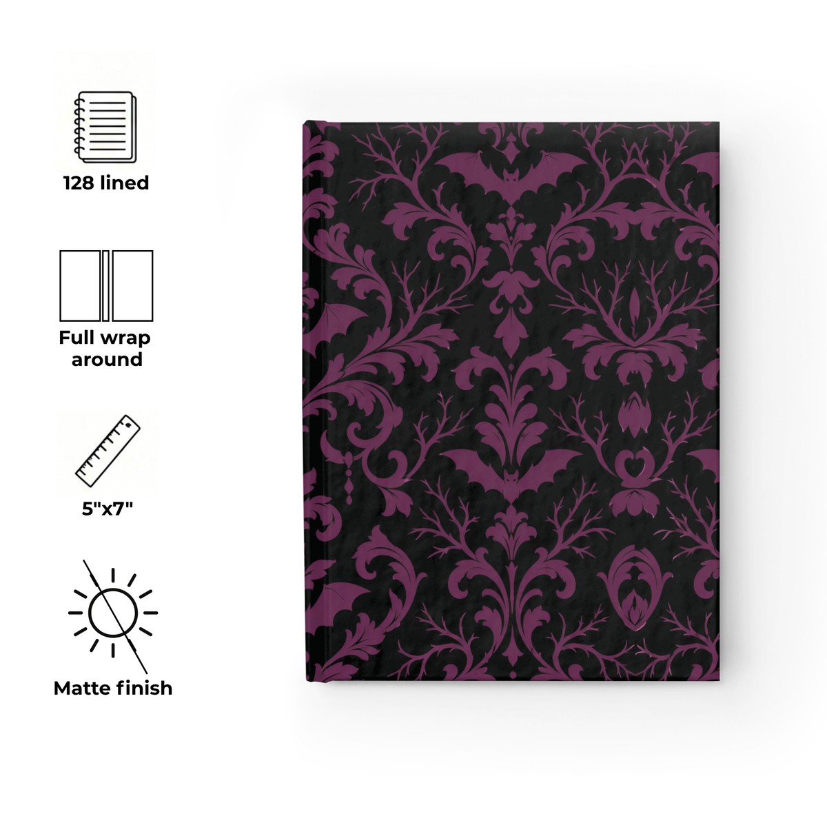 Gothic Damask with Bats black and plum journal, 5x7 ruled dark academia notebook — photo 6