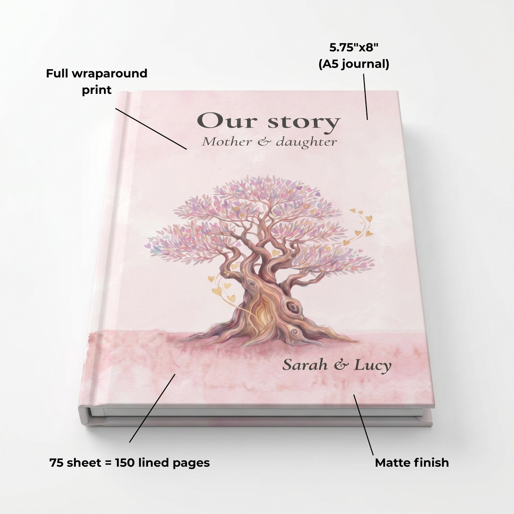 Personalized Our Story Mother and Daughter journal with watercolor tree of life cover design and custom names