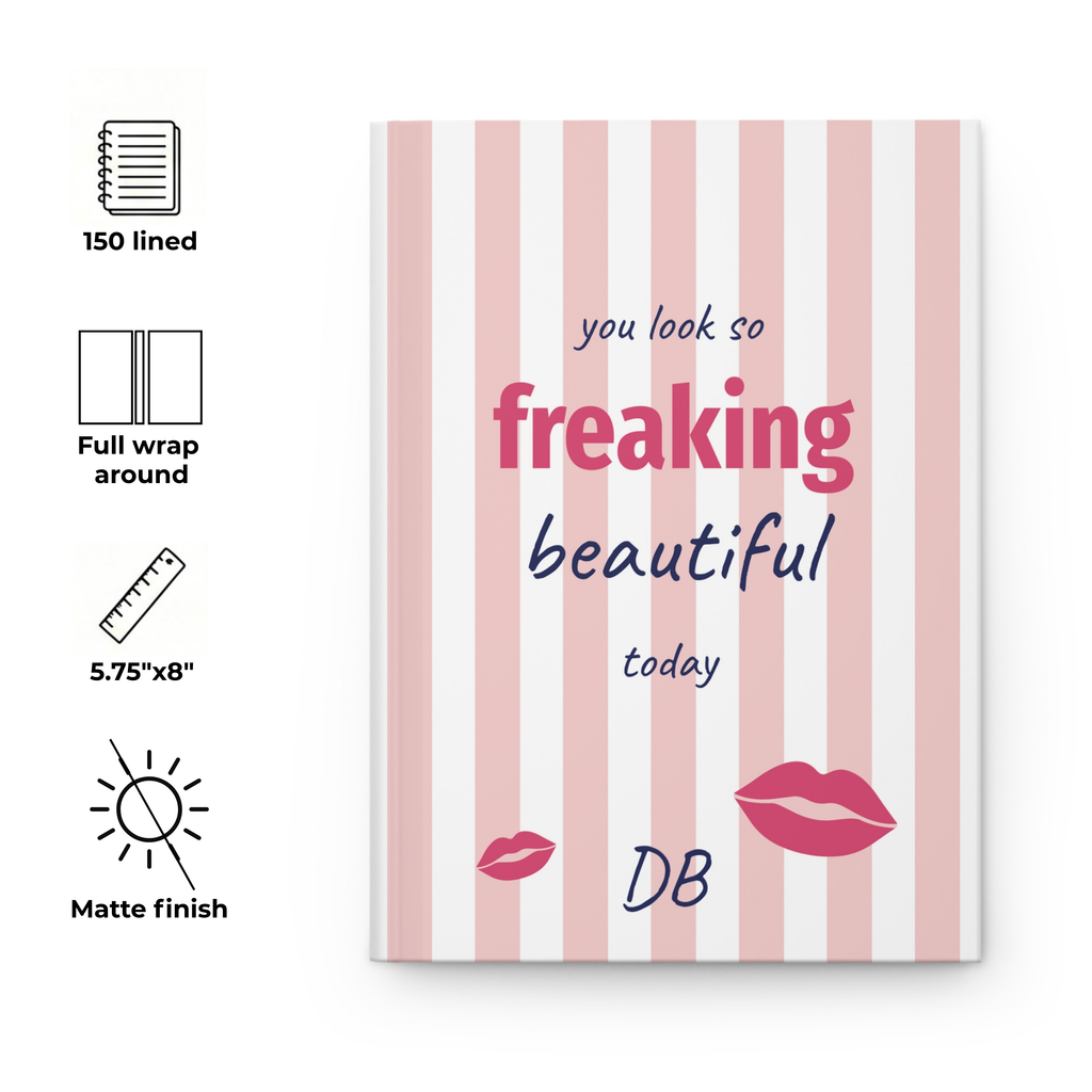 Freaking Beautiful pink striped journal with feature icons for pages, size and matte finish