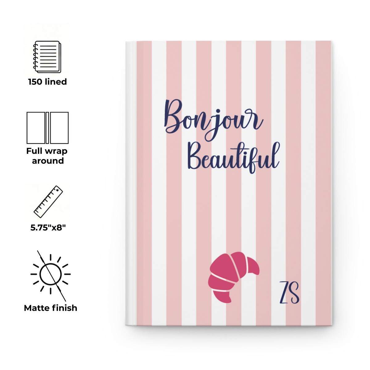 Bonjour Beautiful pink striped journal with feature icons for pages, size and matte finish