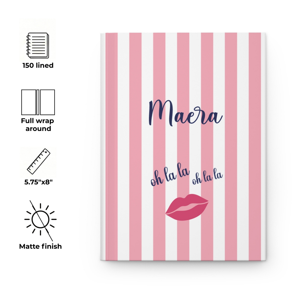 Oh La La pink striped personalized journal with feature icons for pages, size and matte finish