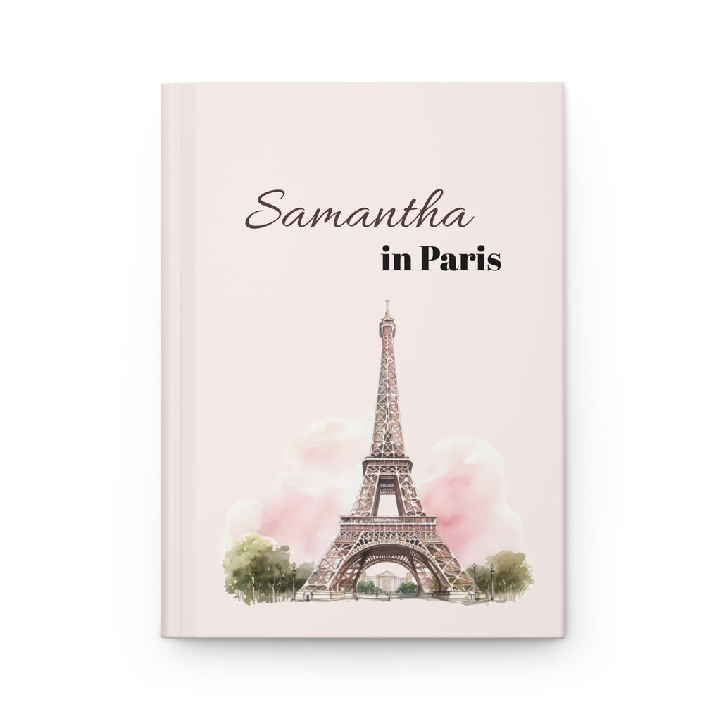 Personalized Paris travel journal with watercolor Eiffel Tower design and custom name on cover