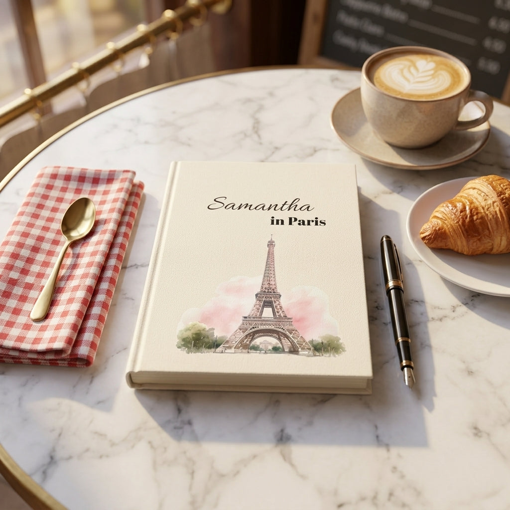 Paris journal open on a desk showing ruled pages — custom name hardcover notebook