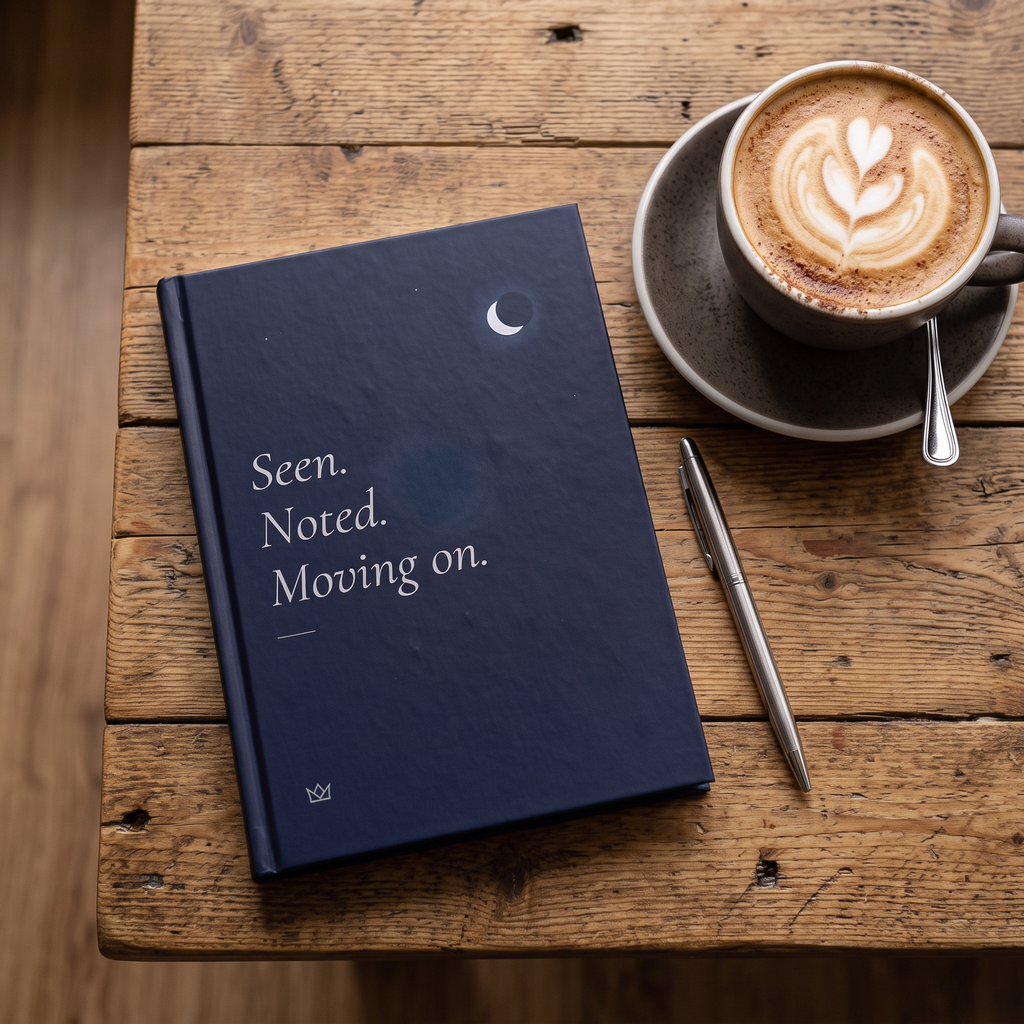 Night-blue Seen. Noted. Moving on. journal on a rustic wooden table next to a latte and a pen