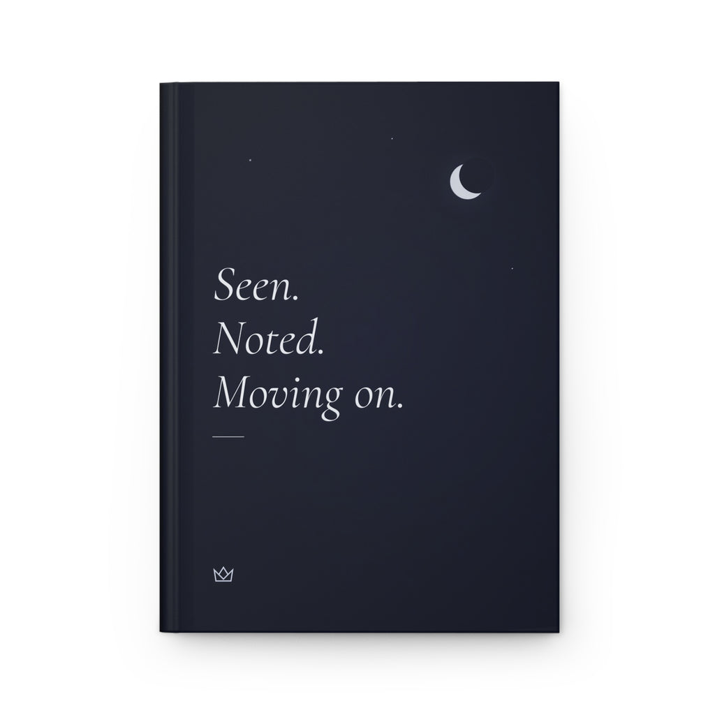 Front cover of the Seen. Noted. Moving on. self reflection journal: night-blue hardcover with a small crescent moon and silver-white italic title