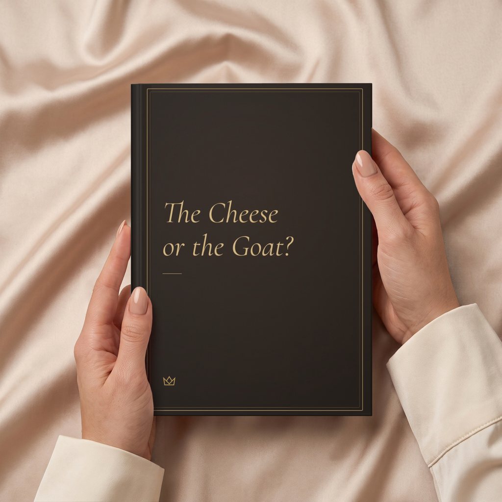 Hands holding the deep brown The Cheese or the Goat? journal over soft fabric