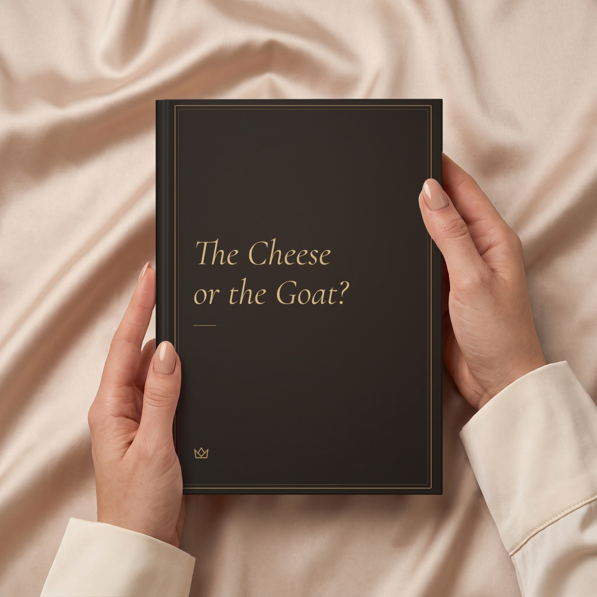 Hands holding the deep brown The Cheese or the Goat? journal over soft fabric