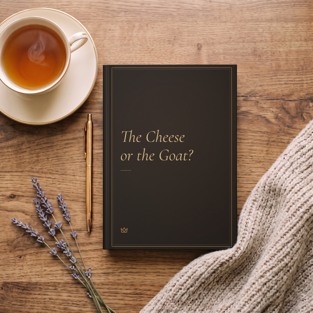 The Cheese or the Goat? journal on a wooden table with a cup of tea, dried lavender and a knit sweater