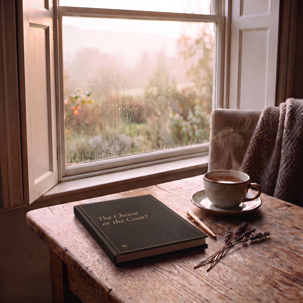 Brown and gold The Cheese or the Goat? journal on a wooden table by a misty window with a cup of coffee