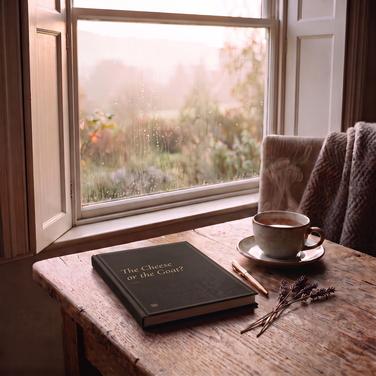 Brown and gold The Cheese or the Goat? journal on a wooden table by a misty window with a cup of coffee