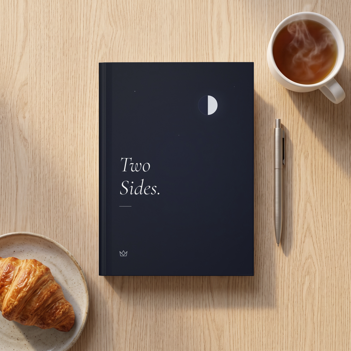 Night-blue Two Sides journal on a breakfast table with a croissant, a cup of tea and a pen