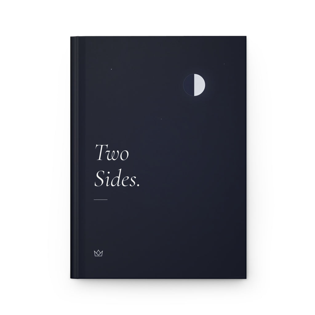 Front cover of the Two Sides. self reflection journal: night-blue hardcover with a half moon, small stars and silver-white italic title