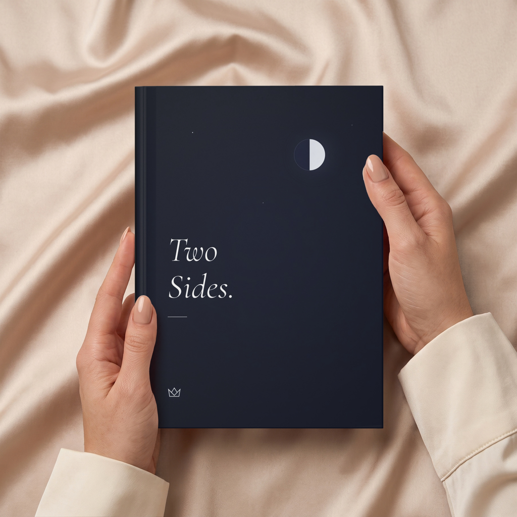 Hands holding the night-blue Two Sides journal over soft beige fabric
