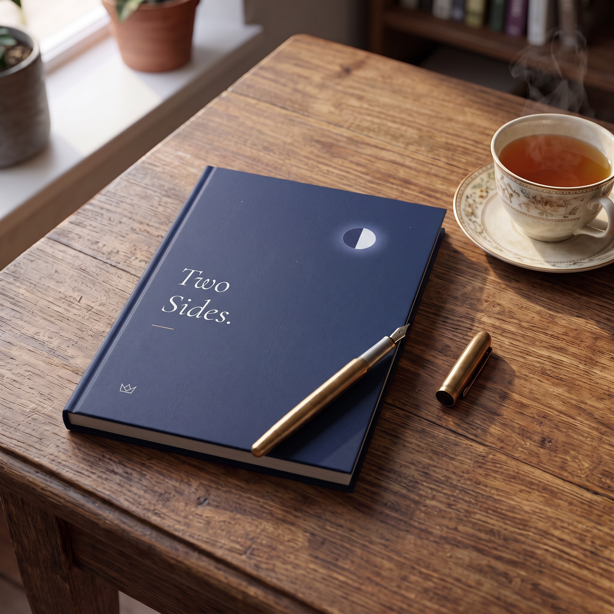 Two Sides journal on a wooden table next to a cup of tea and a pen