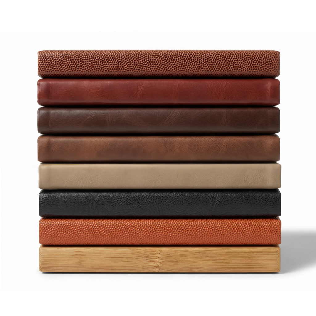 Vegan leather journal shown in an available color option with gold engraving