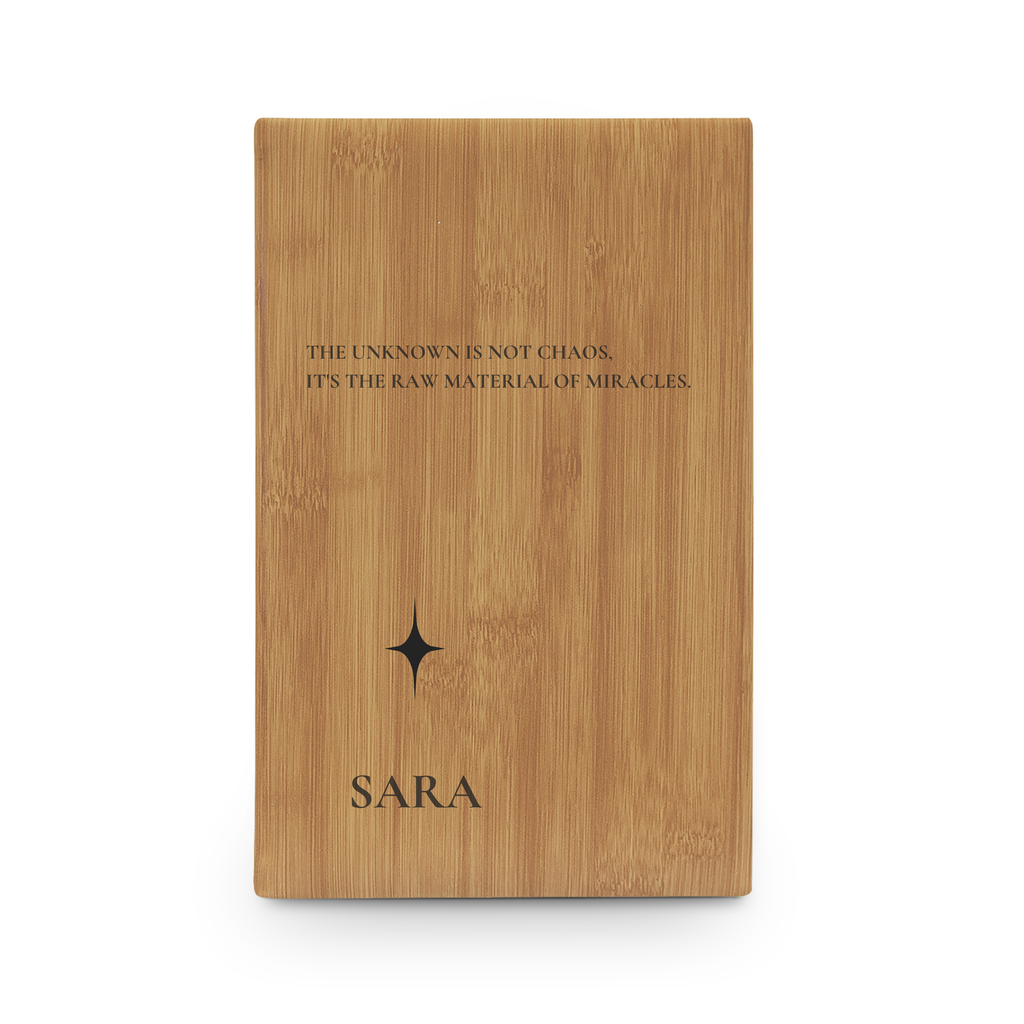 Close-up of the vegan leather texture and engraved cover detail