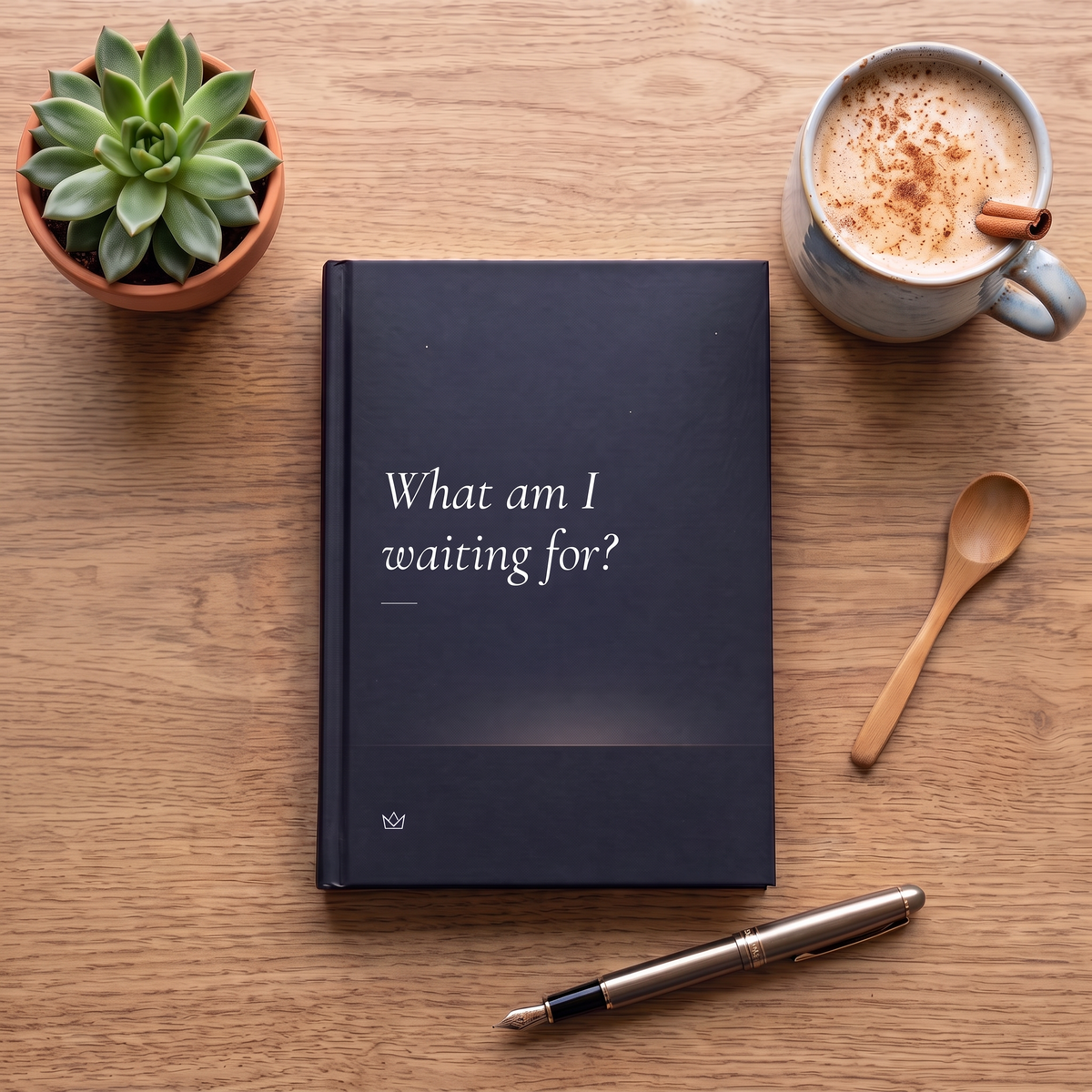 Night-blue manifestation journal on a wooden desk with a cappuccino, a small succulent and a pen