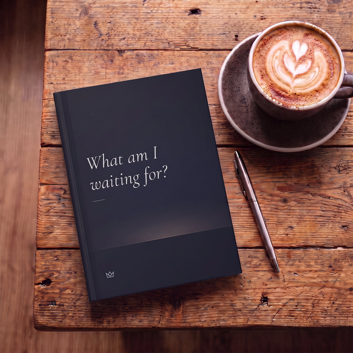 What Am I Waiting For? journal on a rustic wooden table next to a latte and a pen, ready for a morning writing session