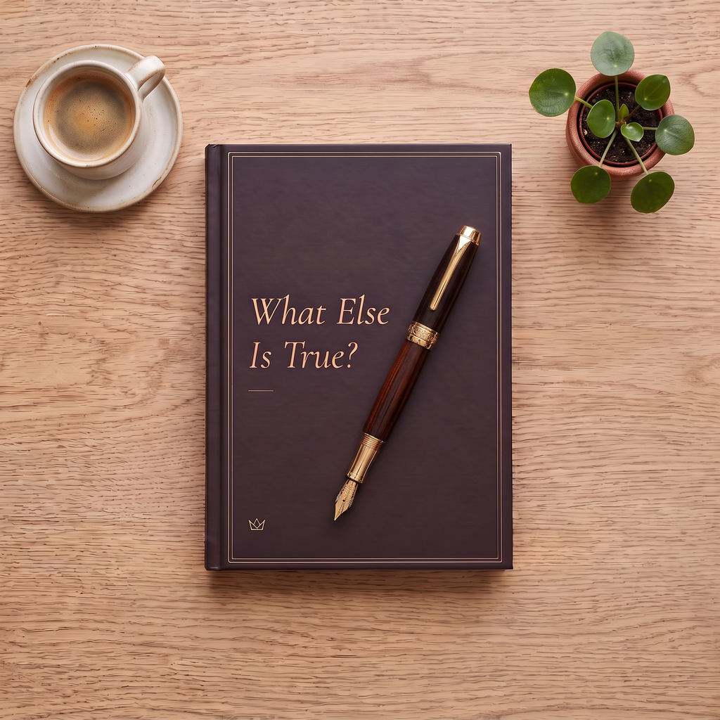 Brown and gold What Else Is True? journal on linen with a cup of coffee, a fountain pen and a small plant
