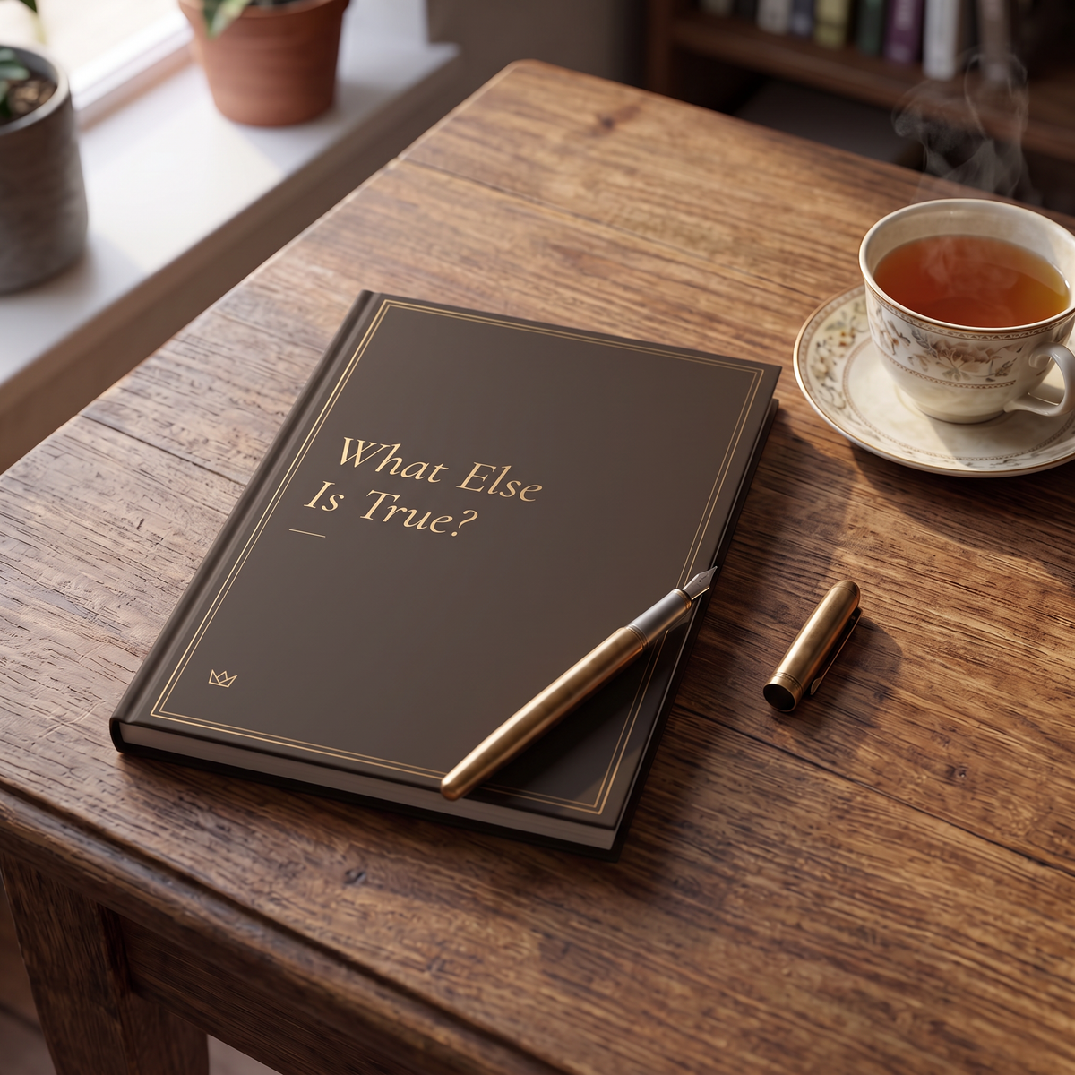What Else Is True? journal on a wooden table next to a cup of tea and a pen
