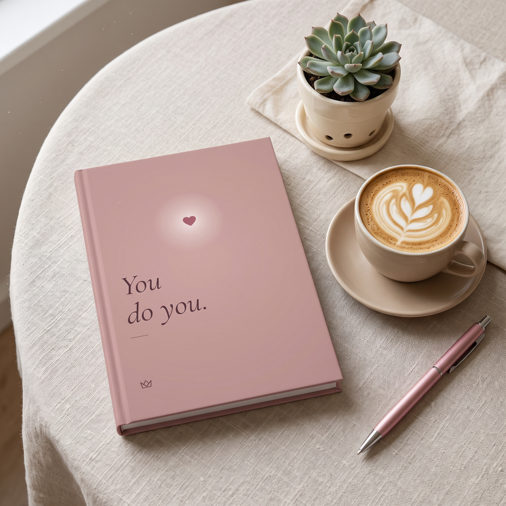 Dusty rose You Do You journal on a round table with a latte, a small succulent and a pen