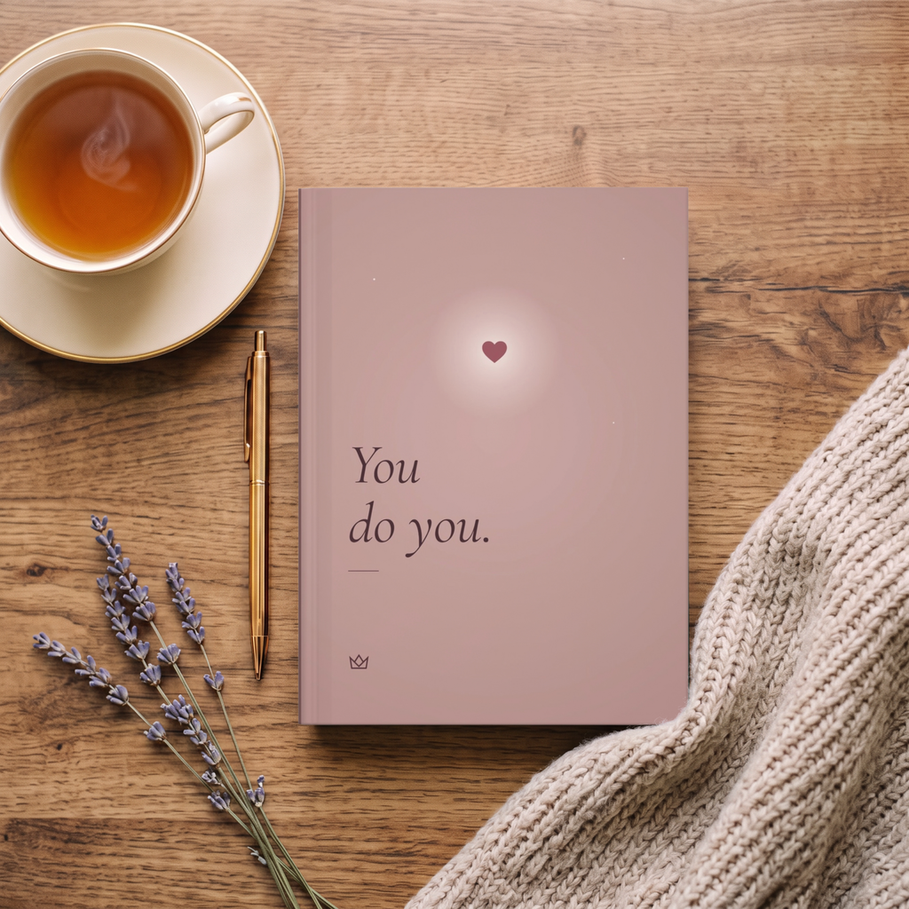 Dusty rose You Do You journal next to a cup of tea, dried lavender and a cozy knit sweater